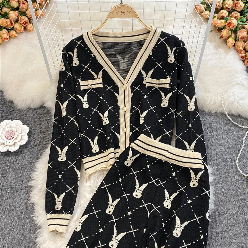 2024 Spring Autumn Knited Two Piece Set Women Clothing Sets Casual Long Sleeve Sweater Cardigan + Wide Leg Long Pants Suits