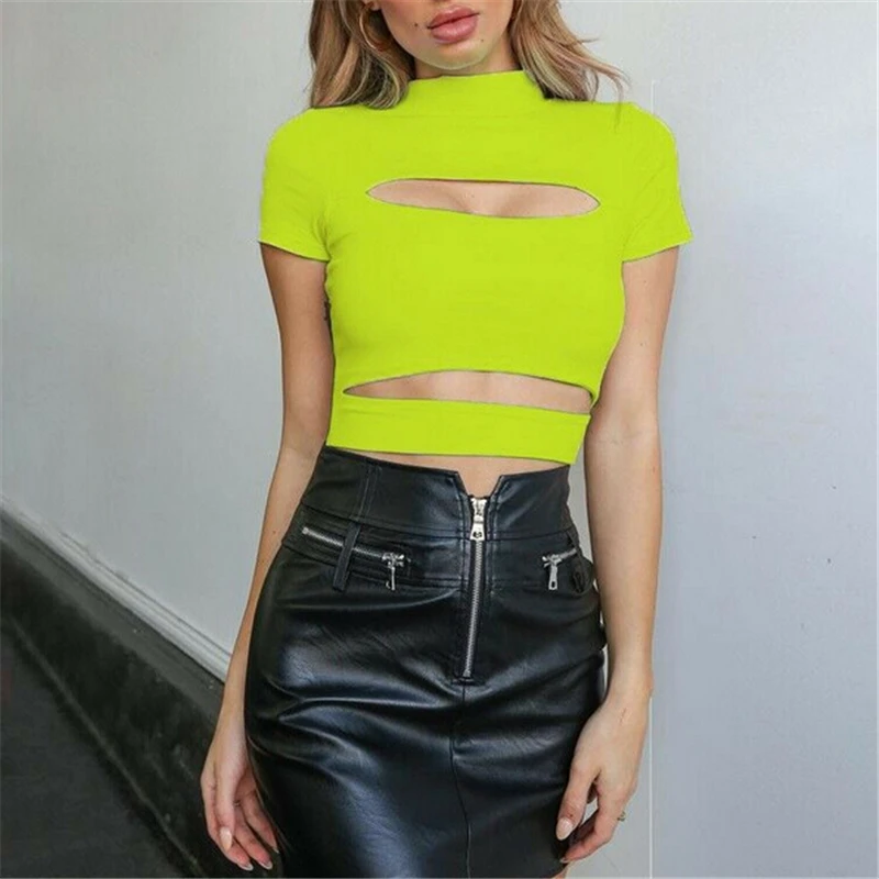 Fashion Female Casual Sexy Chest Hollow Out Crop Top Solid Sexy Women Slim Tops Tee Shirt