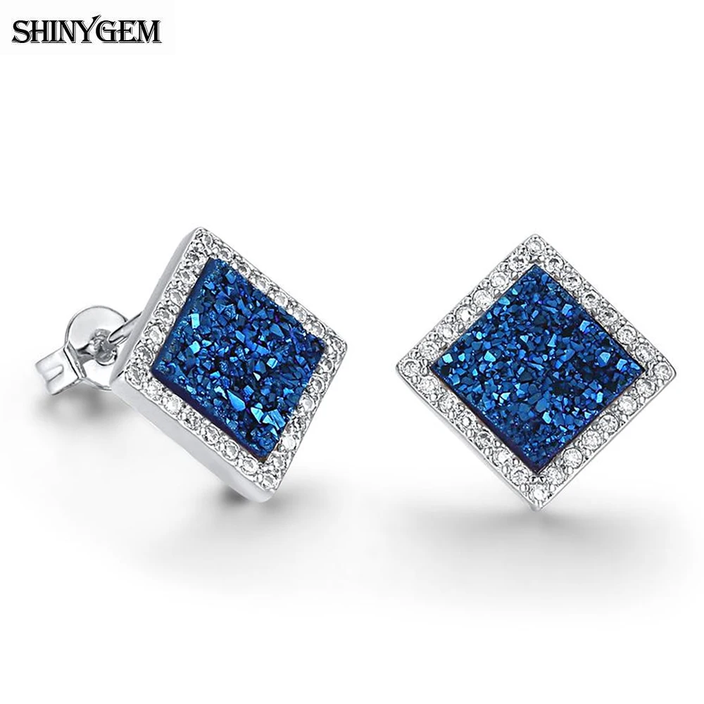 

ShinyGem Square Shape Natural Sparkling Crystal Druzy Stud Earrings Micro Inlay Rhinestone Zircon Stone Earrings For Women Gift