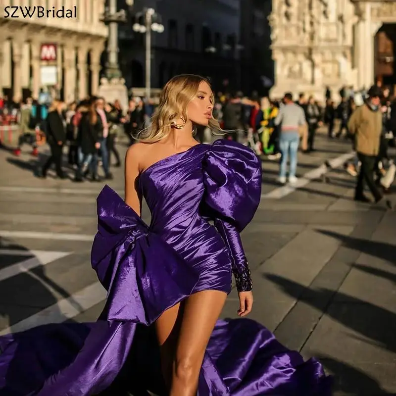 Vestido largo hecho a medida, Vestidos De Noche morados, tren desmontable, pliegues De satén, un hombro, Vestidos De fiesta De princesa, Vestidos De Noche