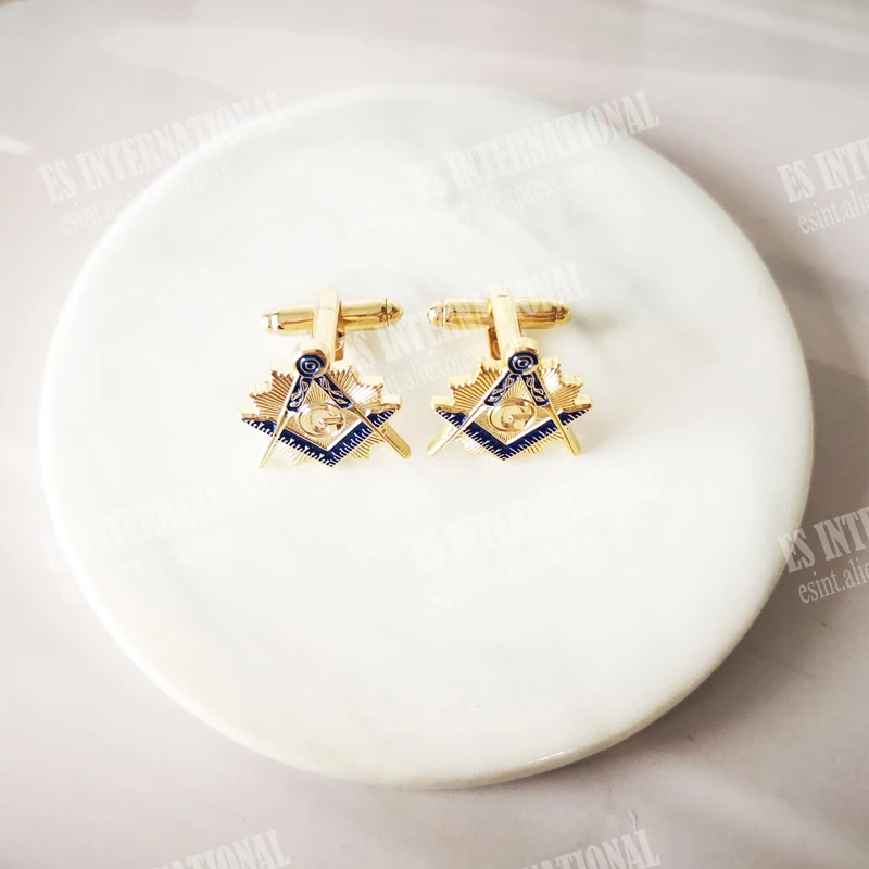 one pair of Freemason Masonic Cufflinks Blue Lodge  gold color 3D Design Commemorative ornaments Clothing accessories