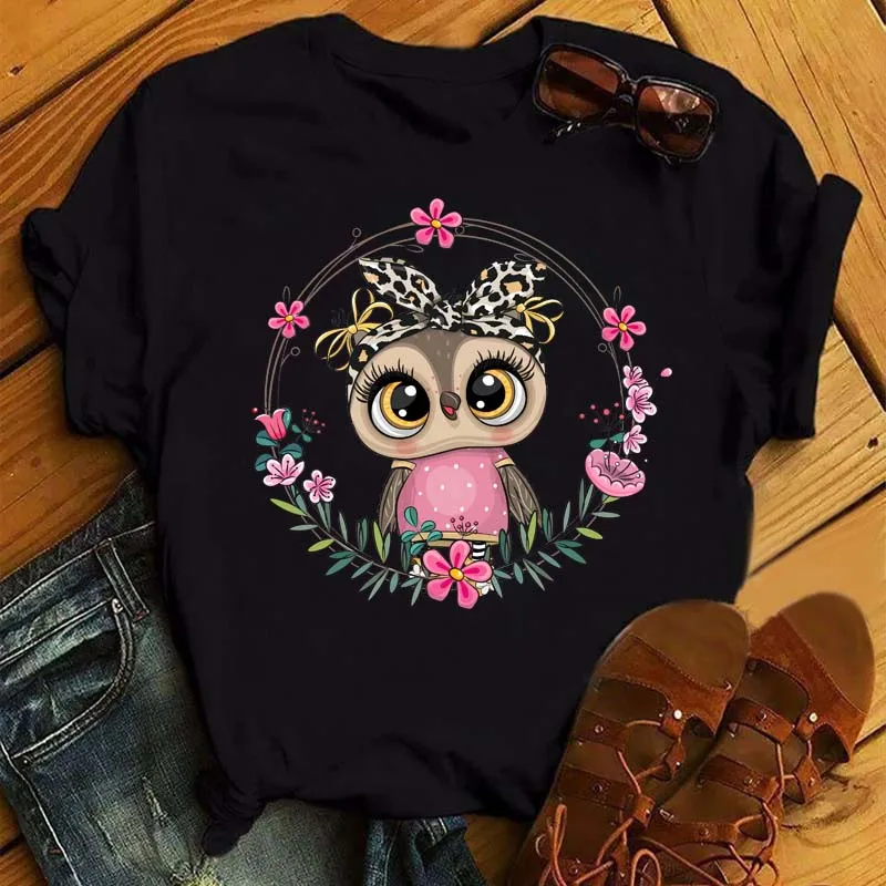 Maycaur Cartoon Owl Print T Shirt Women Kawaii Graphic Shirts Casual Short Sleeved Black Female Tee O-neck Harajuku T-shirts