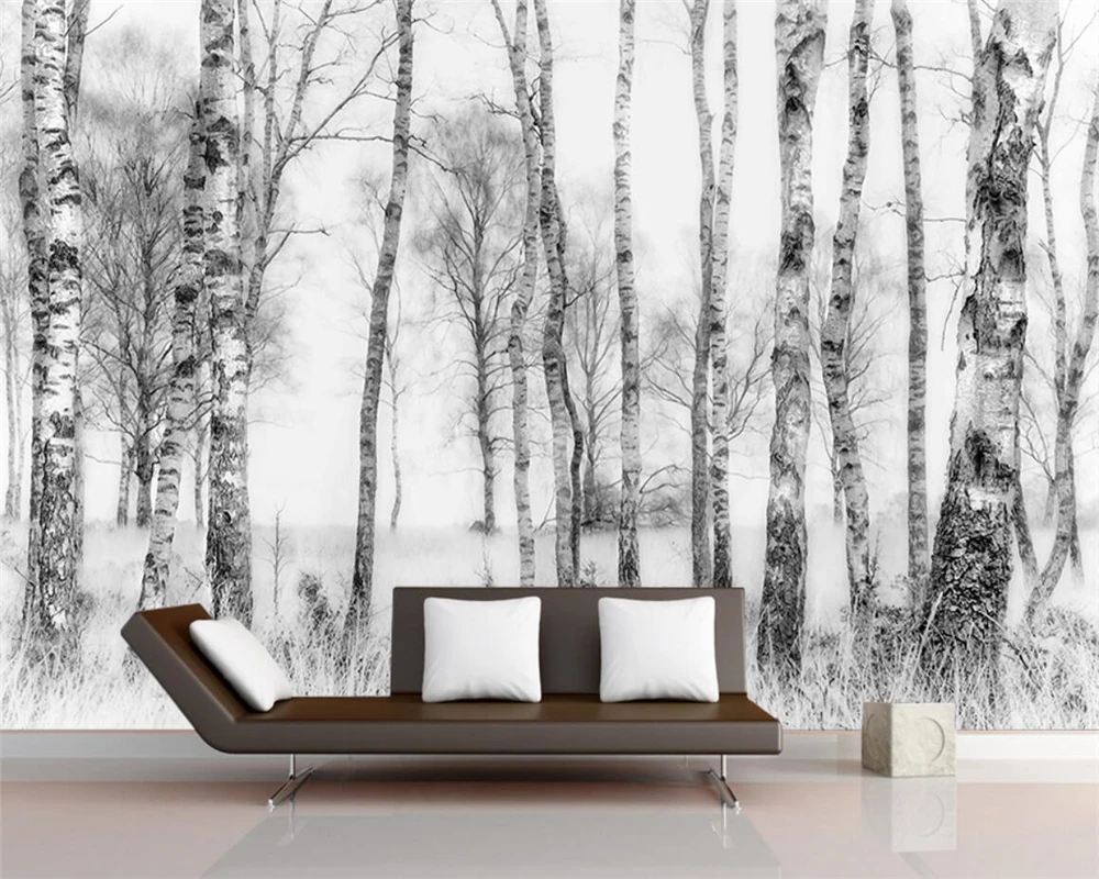 Custom Wallpaper large tree mural black and white birch forest background decorative painting self-adhesive material Mural photo