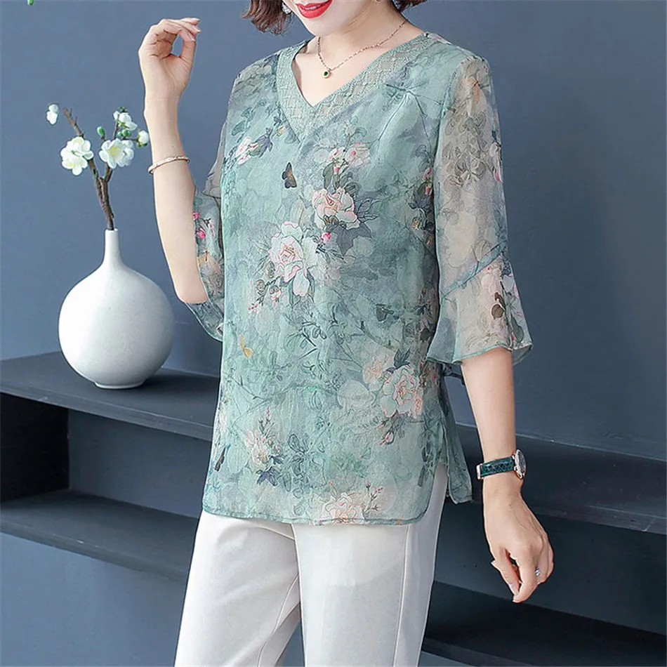 

Spring Summer Women Ruffle Shirts Elegant Splice Half Sleeve V-Neck Loose Casual Bluses T-Shirts Print Top Blusas MM1332