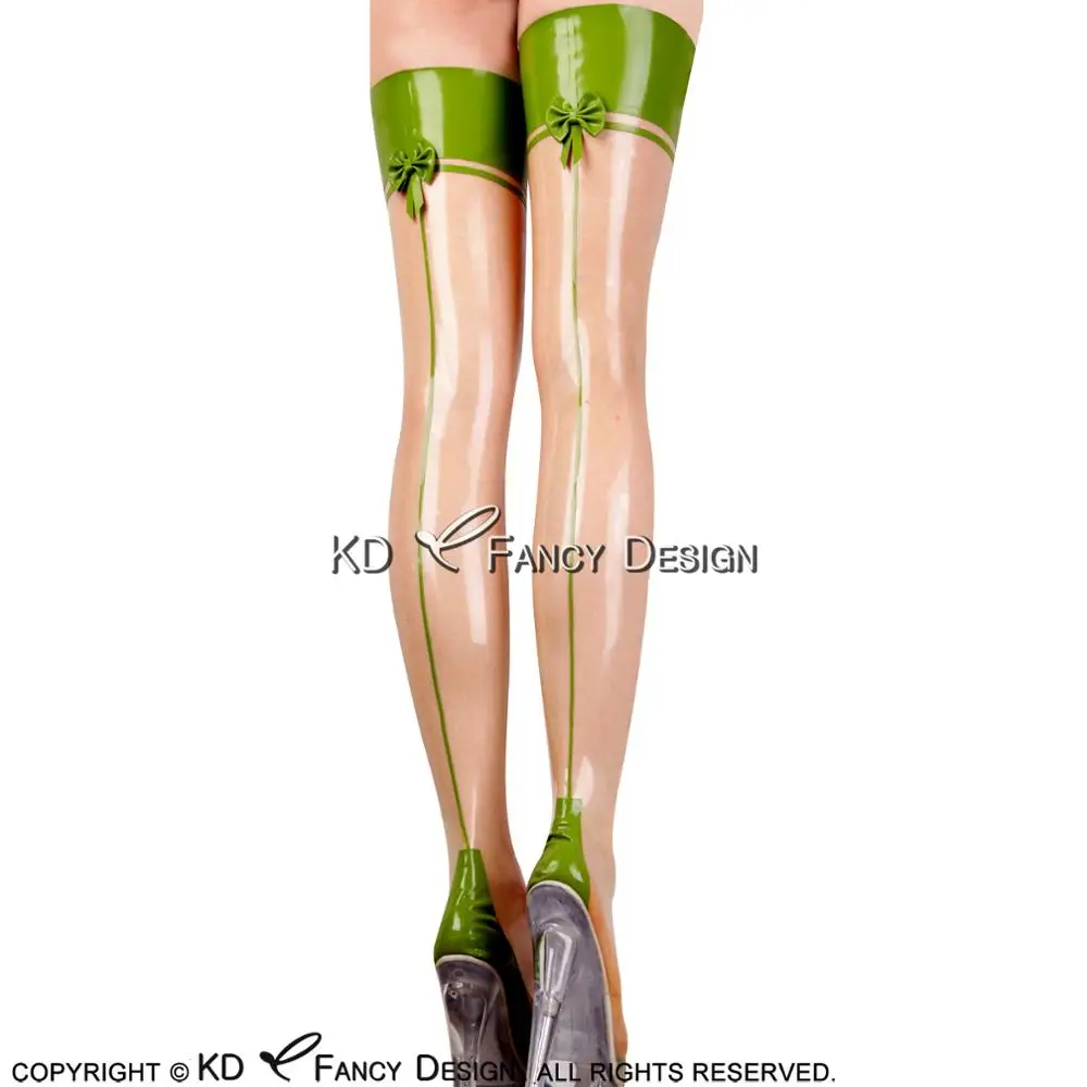 Transparent And Apple Green Trim Sexy Long Rubber Latex Thigh High Stockings With Bows At Back WZ-0033