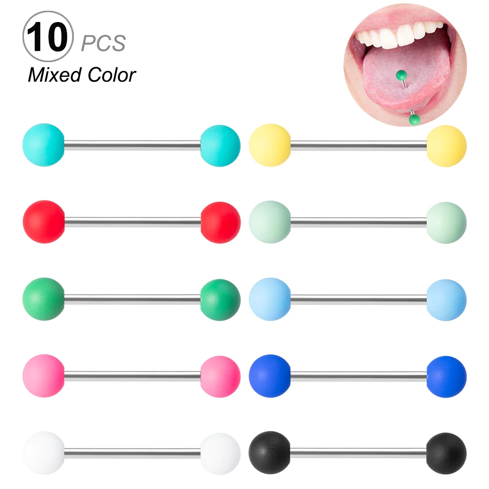 10PCS Colorful Acrylic Ball Tongue Piercing Stainless Steel Tongue Ring Bars Barbell Nipple Rings Sexy Piercings Jewelry 14G