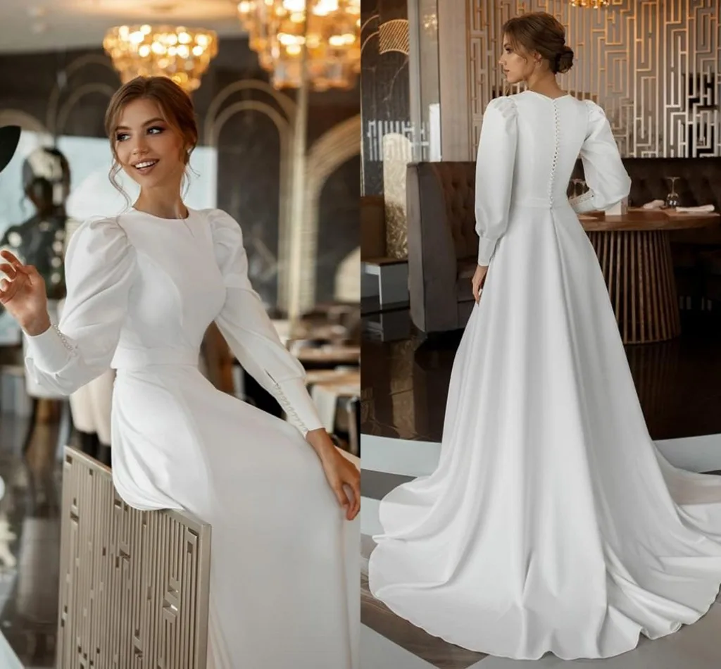 Vestido De Mariee abiti da sposa in raso morbido semplice 2023 abiti da sposa musulmani a maniche lunghe Dubai bottone posteriore Plus Size