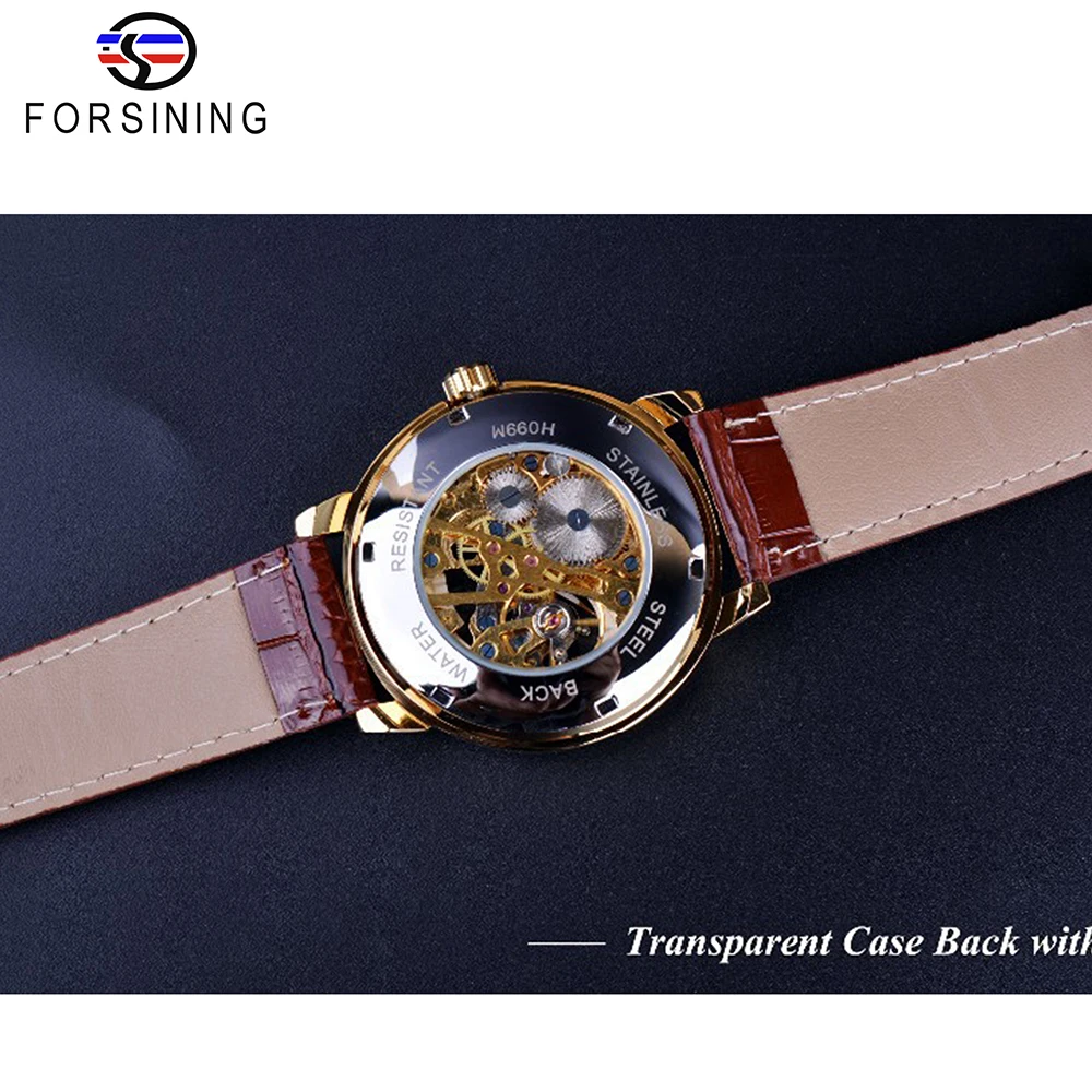 Forsining Classic Mens Mechanical Watches Skeleton Golden Roman Ultra-Thin Hand Wind Business Dress Gentleman Leather Wristwatch