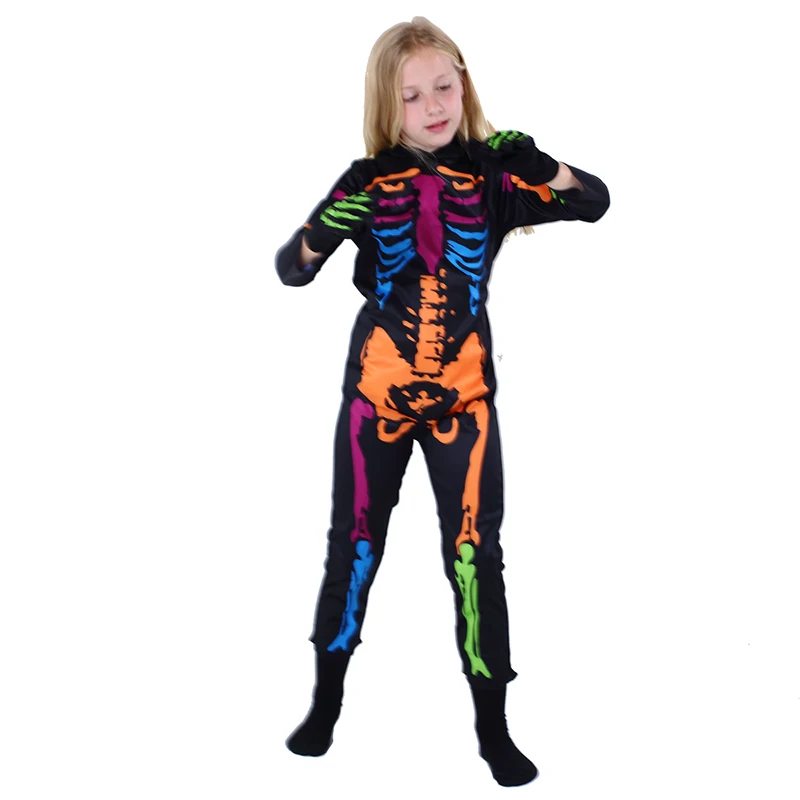 Kids Halloween Colorful Skeleton Costume Glow in Dark Bone Skull Jumpsuit Boys Girls Scary Ghost Party Cosplay Outfit