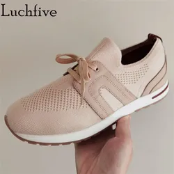 Knitted Lace up Flat Shoes for Women Spring Autumn Comfortable Soft Sole Shoes Stretch Slip-On Lazy Casual Brand Loafers Shoes