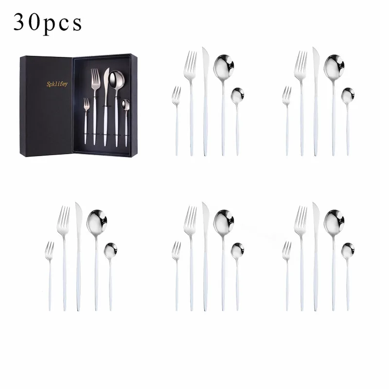 White Silver Cutlery Set 30 Pcs Complete Stainless Steel Dinnerware Kitchen Knifes Forks Spoons Gift Box Tableware Dropshipping