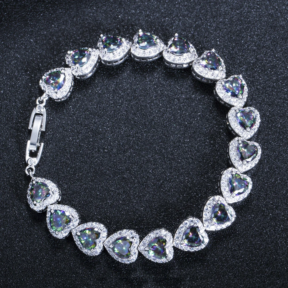 ThreeGraces Luxury Cubic Zircon Jewelry Light Blue Mystic Fire Heart Crystal Tennis Bracelets Bangle for Women Party Gift BR100