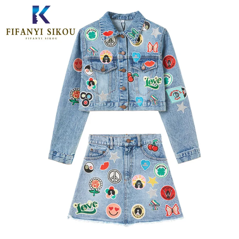 Fashion Denim Two piece set Women Embroidery Short Denim Jacket And Mini Skirt 2 piece set Women 2020 Spring Casual Denim Suits