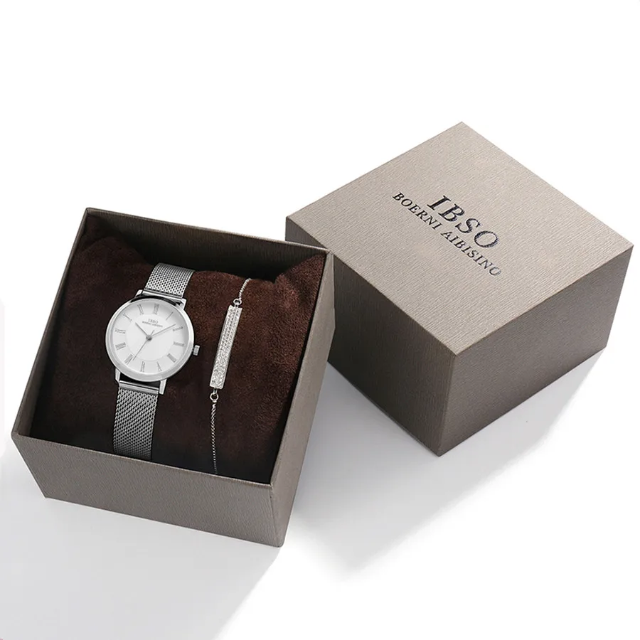 IBSO – ensemble de montres à Quartz pour femmes, 8mm, bracelet Ultra fin en maille argentée, en acier inoxydable, cadeau d\'anniversaire pour dames