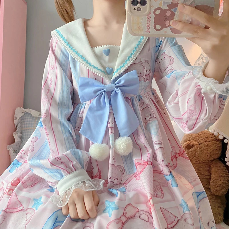 Sweet Lolita Style Japanese Soft Girly Dress Cute Sailor Collar Cartoon Bear Printing Kawaii Bow Full Sleeve Lace Ruffles Dress