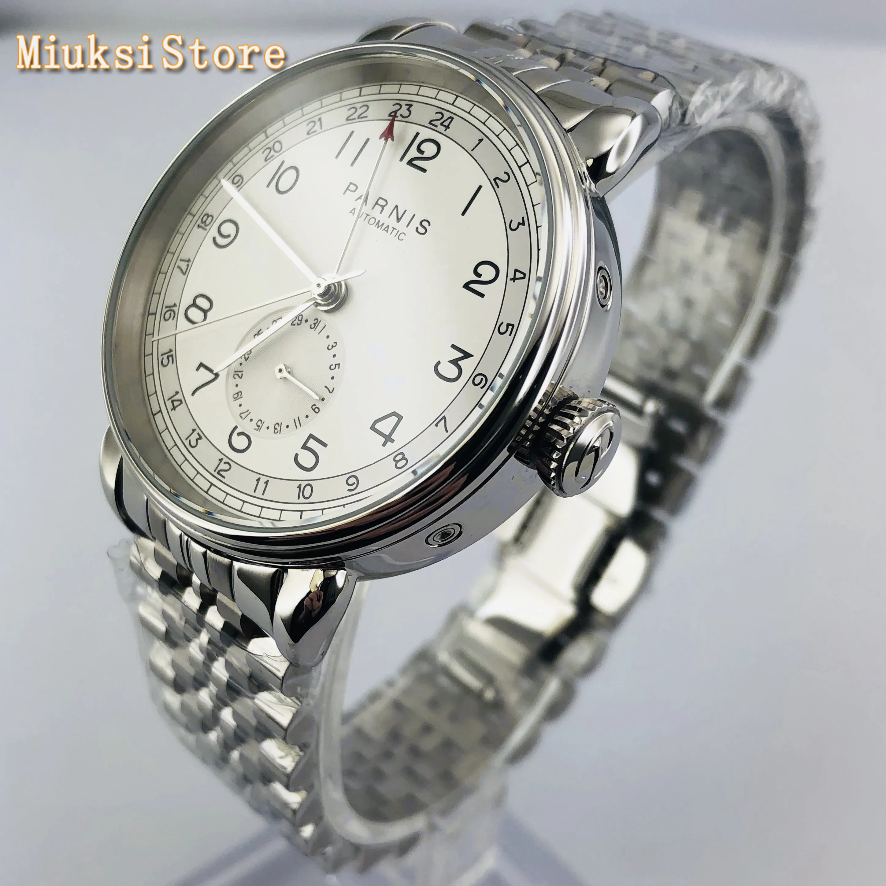 Parnis 2019 new top mens automatic mechanical watch 42mm silver case GMT arab mark date window Stainless steel strap mens watch