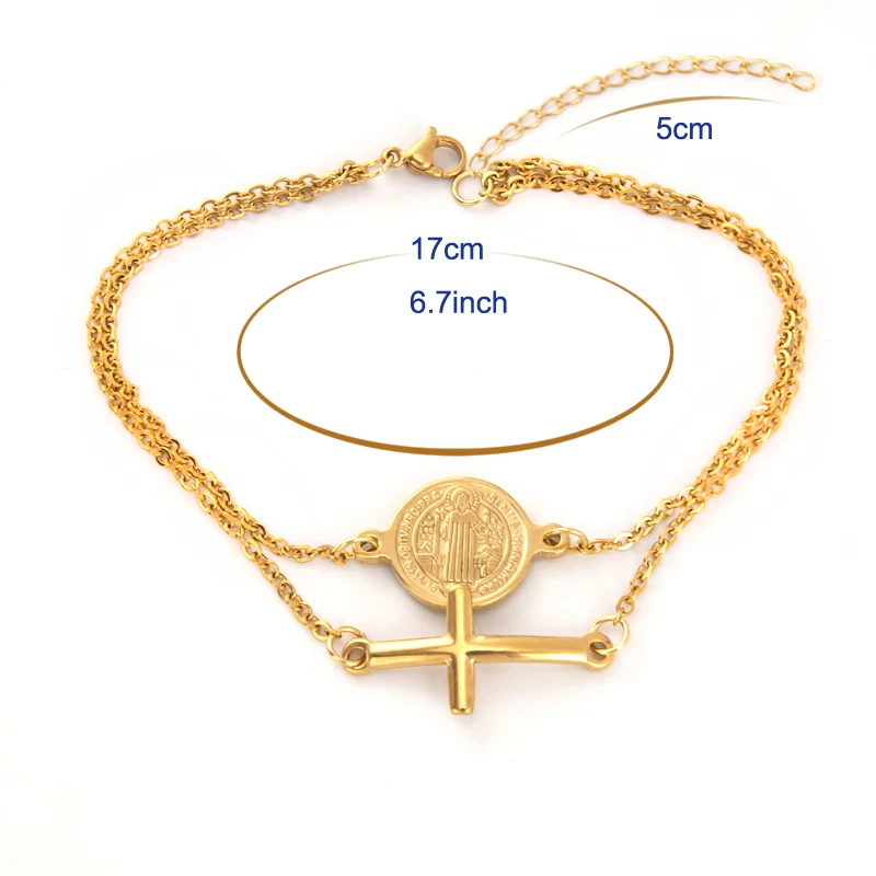 Simsimi double layers Saint Benedict and Cross charm golden Bracelet Women jewelry Rolo chain Stainless steel female bracelets