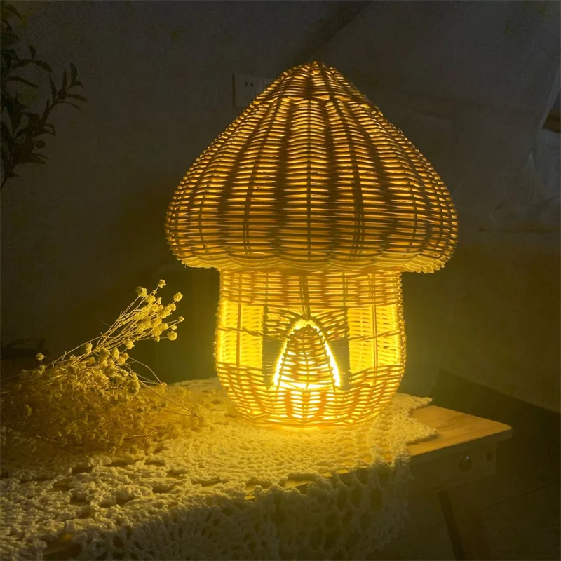 Vintage Handmade Rattan Weaven Mushroom House Kids Room Decoration Nordic Children Bedroom Kindergarte Light Ornament Basket