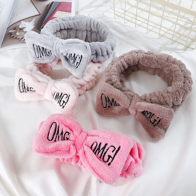 OMG Hairband Bow Face Washing Headwear For Women Fashion Korean Embroidered Letter Coral Fleece Hair Headband Hair Accessories