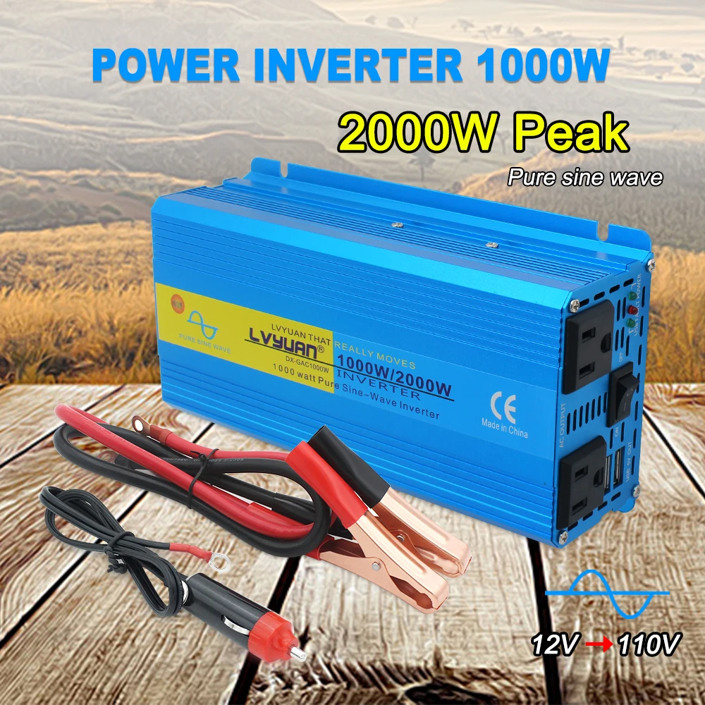 

2000W Peak Pure Sine Wave Inverter DC 12V/24V to AC 100V 110V 50Hz/60Hz Solar Power Converter Car Cigarette Lighter US Socket