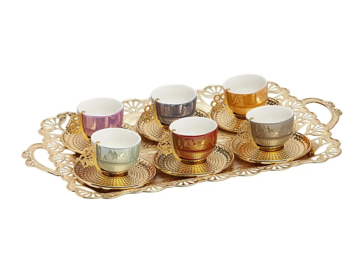 Espresso Coffee Cups with Saucers and Tray Set of 6, Porcelain Turkish Greek Gold Coffee Cups and Saucers, coffee Cup For Women