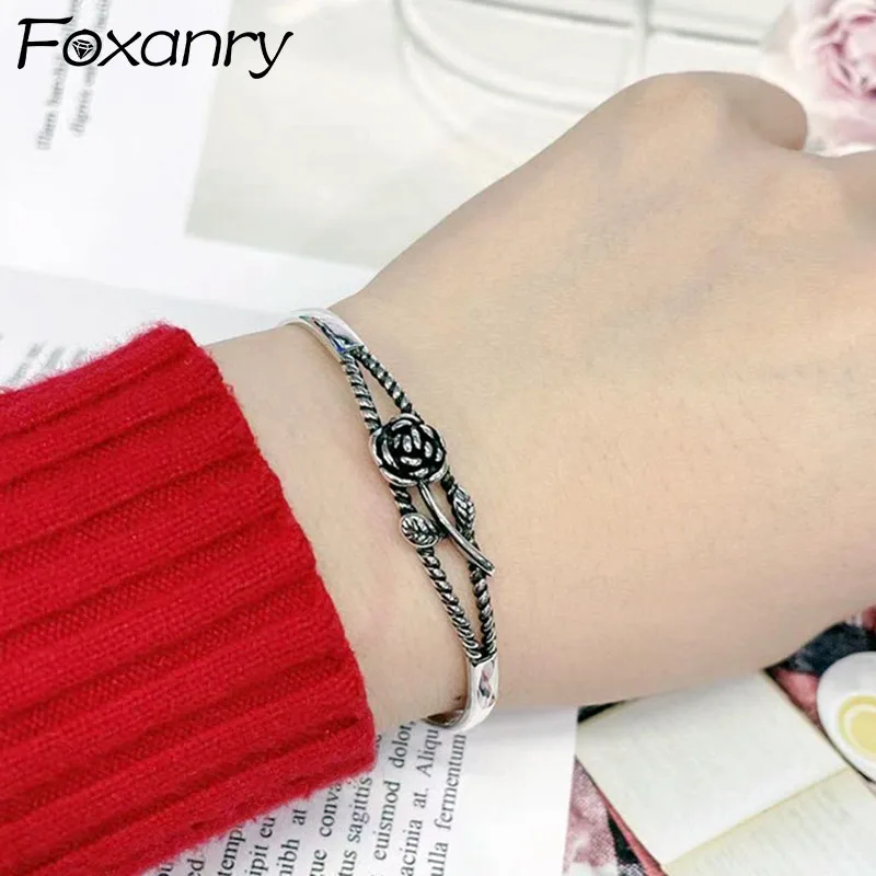 Foxanry Silver Color Bracelet for Women New Trendy Vintage Unique Design Rose Party Jewelry Gifts Thai Silver Accessories