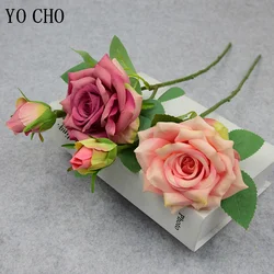 YO CHO Artificial Silk Rose Flowers Big Flower Head with Bud Spring Autumn Home Wedding Decoration Fall Fake Flower Branch