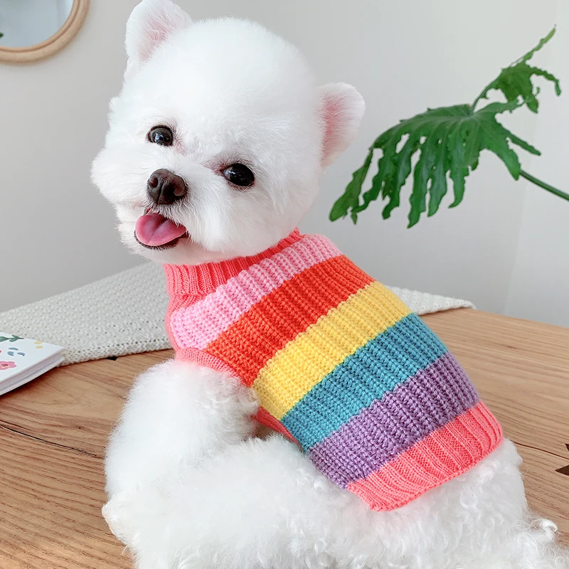 2023 Fashion Rainbow Sweater Pet Dog Clothes Autumn New Knit Cotton Casual Sweater Hoodies For Small Dog Puppy Costumes Poodle