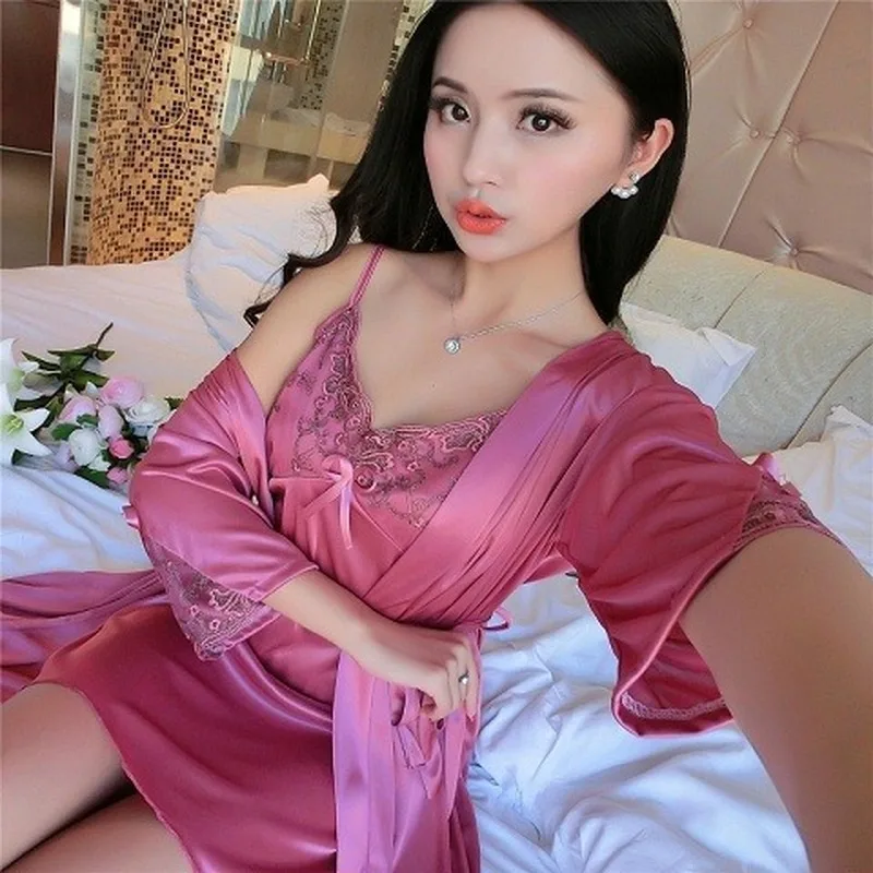 Robe Gown Sets Women Ice-silk Bow Lace Stylish Sexy Loose Nightwear Chic Thin Womens Bathrobe Home Casual Sleepwear Comfortable