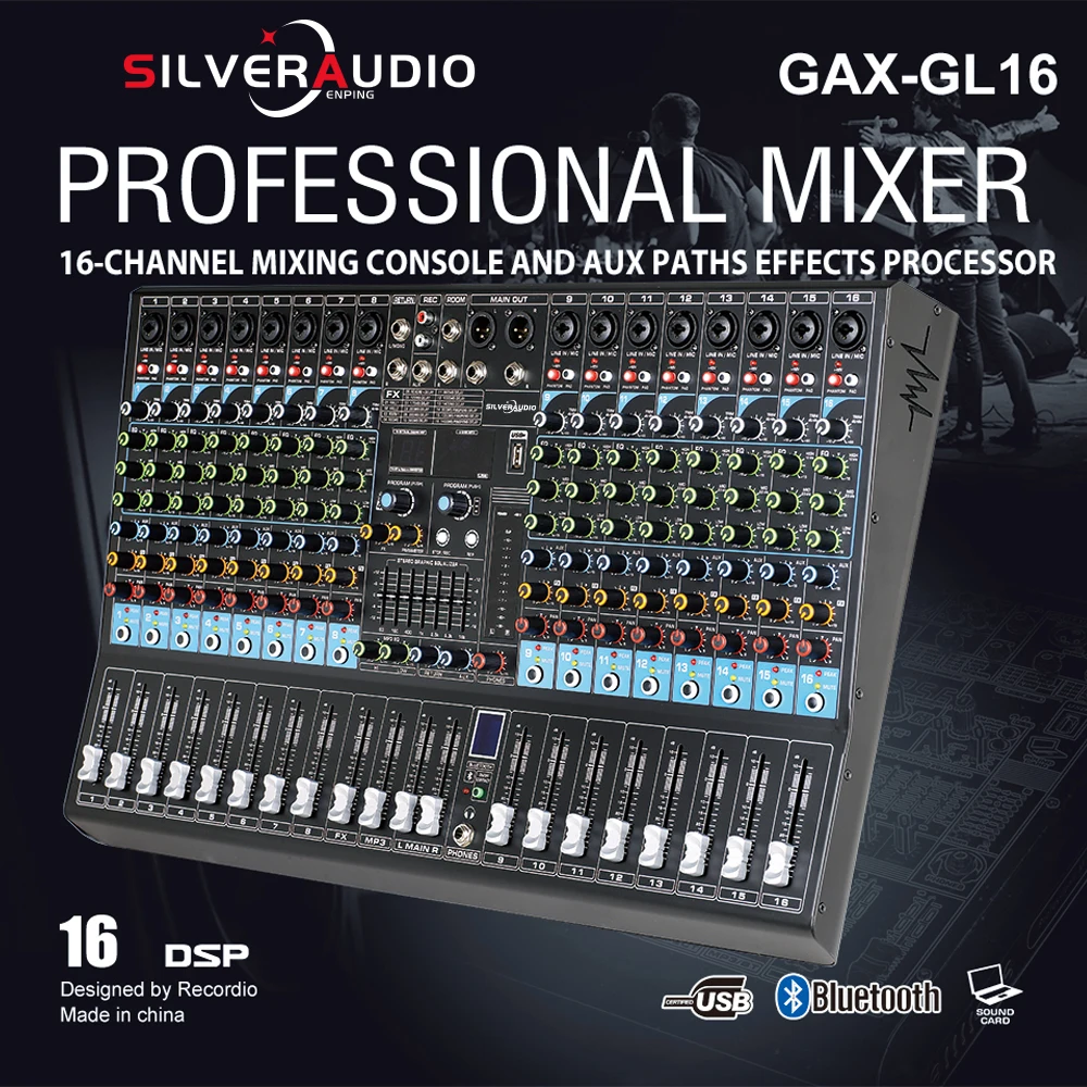 GAX-GL16 Mixer a 16 canali USB Stage Karaoke Conferenza Effetti nuziali Processore Console di missaggio con alimentazione Phantom 48V per DJ