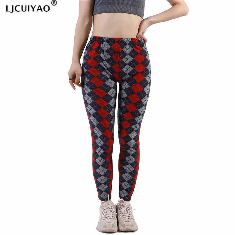 LJCUIYAO Women Print Plaid Leggings Lady Sexy Slim Pencil Pants Push Up Elastic Waist Trousers Female Fitness Gray Red Bottom