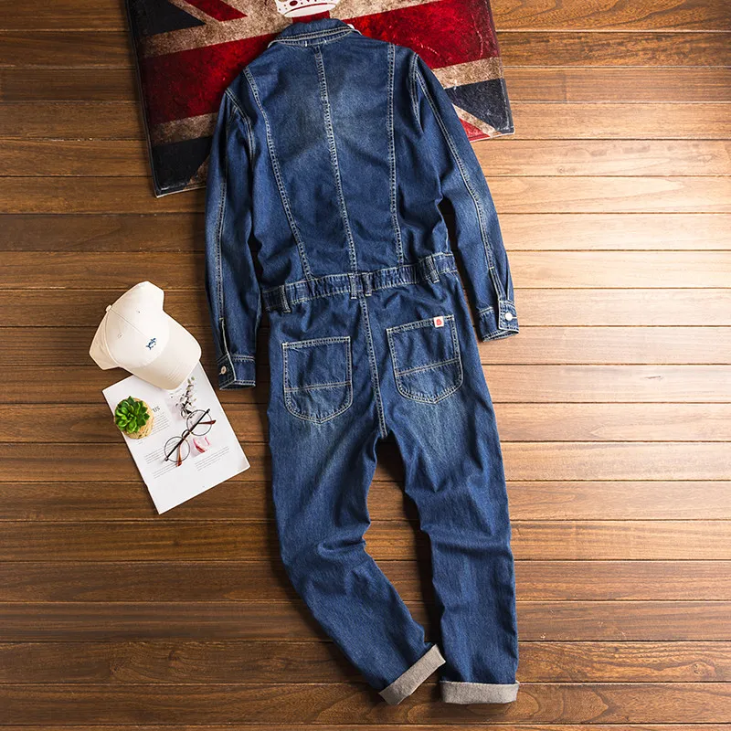 Spring And Autumn Men's Denim Jumpsuits Long Sleeve Lapel Overalls Blue Jeans Hip Hop Cargo Pants Fashion Freight Trousers