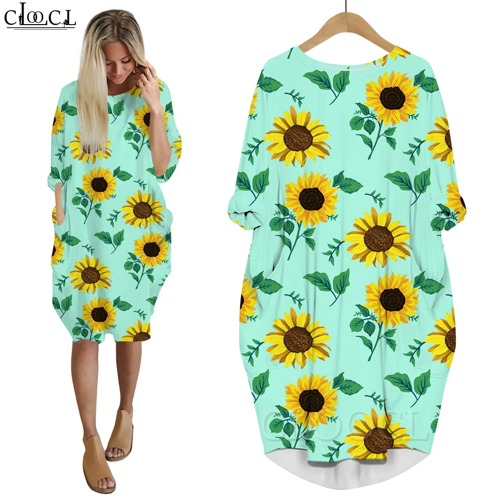 CLOOCL Women Dress Beautiful Sunflower Yellow Flowers 3D Printed Loose Daughter Dresses Long Sleeve Casual Pocket Female Dress