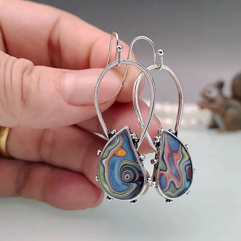 Vintage Water Drop Colorful Resin Stone Earring Boho Brincos Jewelry Spiral Marbling Pattern Big Drop Dangle Earrings for Women