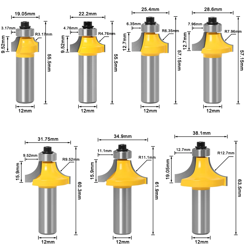 1pc 0.5in 12mm Shank Corner Round Over Router Bit with Bearing for Wood Woodworking Tool Tungsten Carbide Milling Cutter
