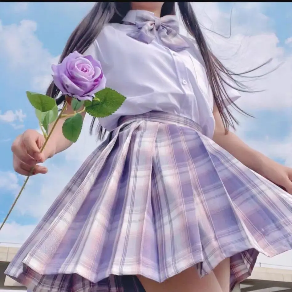 Romântico roxo uniforme jk definir mulheres 2021 verão saias de cintura alta estilo coreano saias plissadas camisa e gravata para meninas bonitas terno