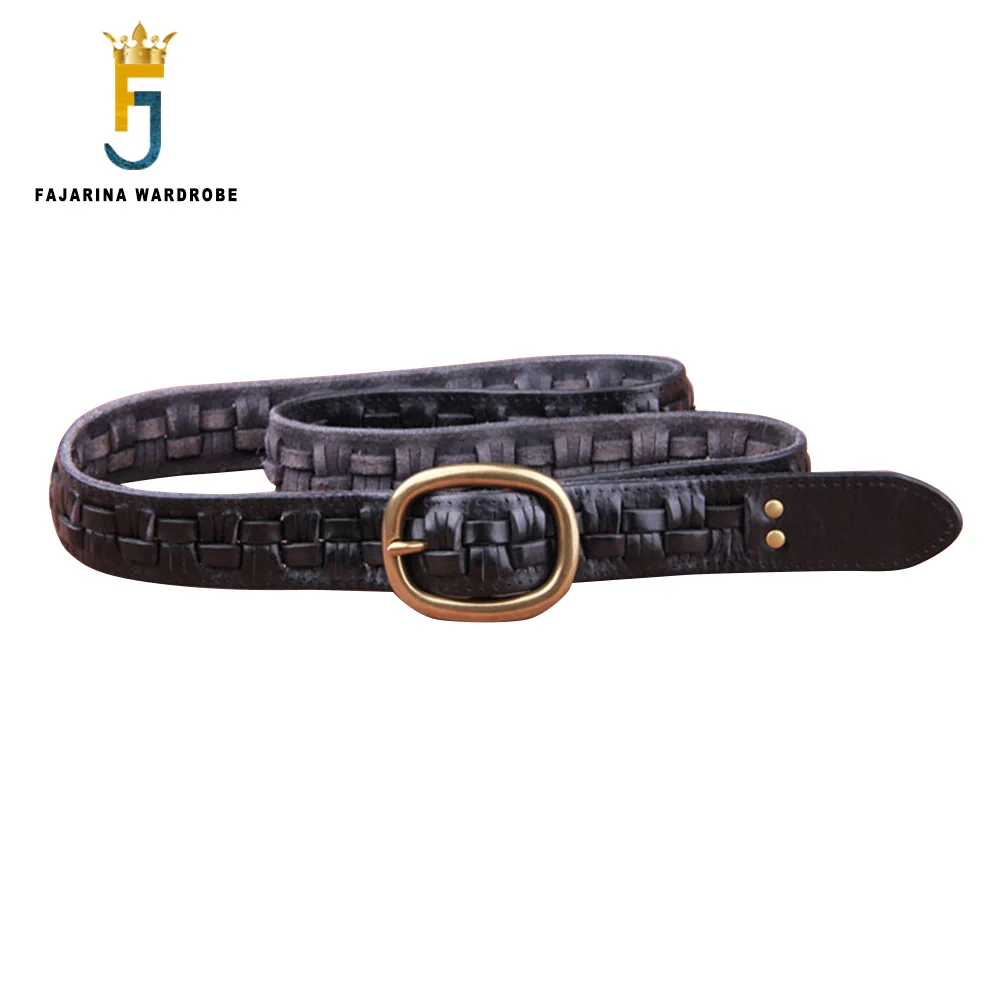 FAJARINA Top Quality Men‘s Cowhide Leather Belts Solid Knitting Pure Cow Skin Brass Pin Buckle Metal Belt for Men 3.8cm N17FJ889