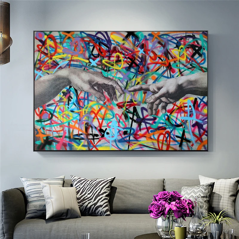 

Graffiti Art The Creation of Adam Famous Art Canvas Paintings on The Wall Hand To Hand Street Pictures for Modern Home Decor