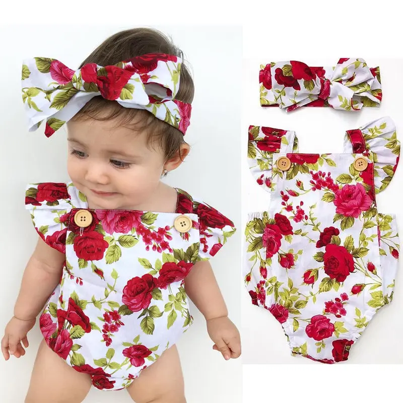 

Tregren 0-24M Newborn Baby Girls Romper Floral Print Fly Sleeve Jumpsuit With Headband 2pcs Set Outfits Summer Infant Bodysuits