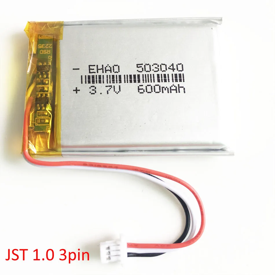 3.7V 600mAh Lipo akumulator z JST 1.0mm 3 złącze pinowe litowo-polimerowy do Mp3 DVD kamera GPS Bluetooth 503040