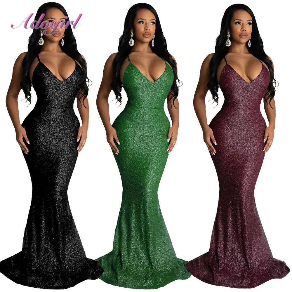 Sexy Sequin Spaghetti Strap Backless Deep V Neck Floor-Length Dress Women Elegant Deep V Neck Evening Party Club Mermaid Dresses