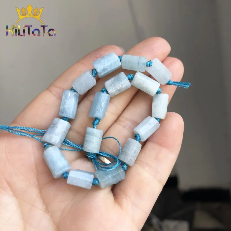 Natural Faceted Aquamarines Stone Beads Cylinder Gem Loose Spacer Beads For Jewelry DIY Making Bracelet Charms Accessories 7.5\'\'