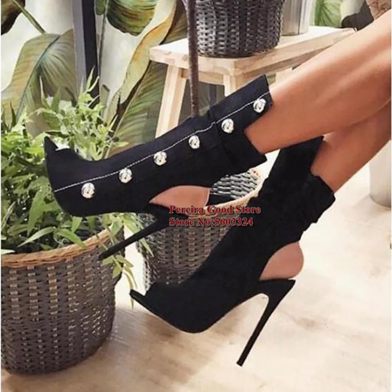 Fashion Silver Metal Decortion Ankle Boots Open Toe Suede Cut-out High Heels Gladiator Boots White Yellow Black Stretch Shoes