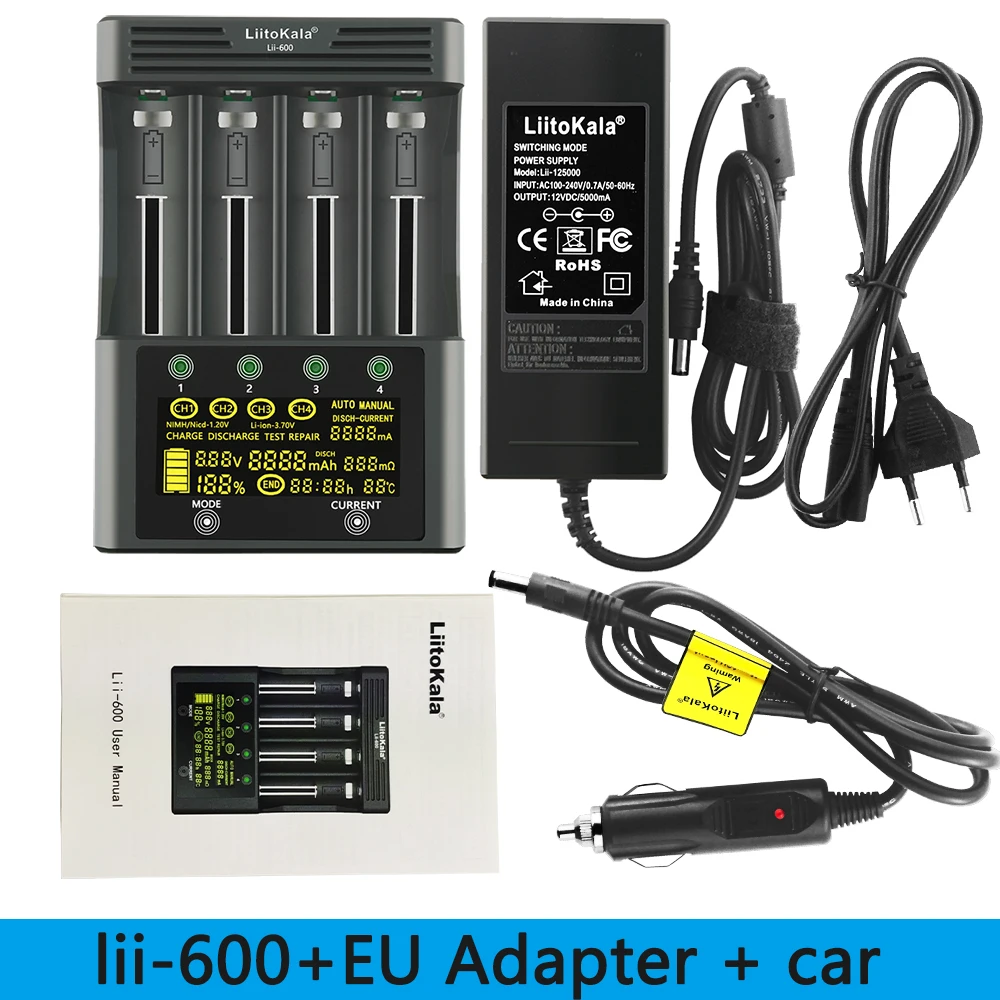 LiitoKala Lii-600 배터리 충전기, 리튬 이온 3.7V NiMH 배터리용, 18650 26650 21700 26700 AA + 12V5A 어댑터에 적합, 1-5 개