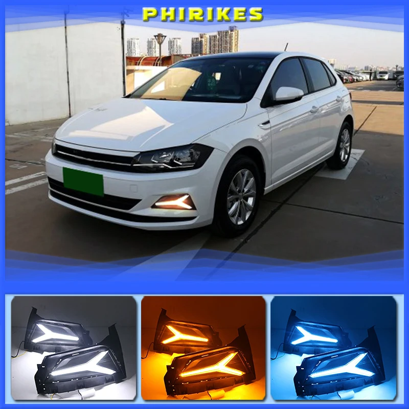 1 Pair Car DRL LED Daytime Running Light Fog Lamp Sequential Yellow Turn Signal Function 12V For Volkswagen Polo 2018 2019