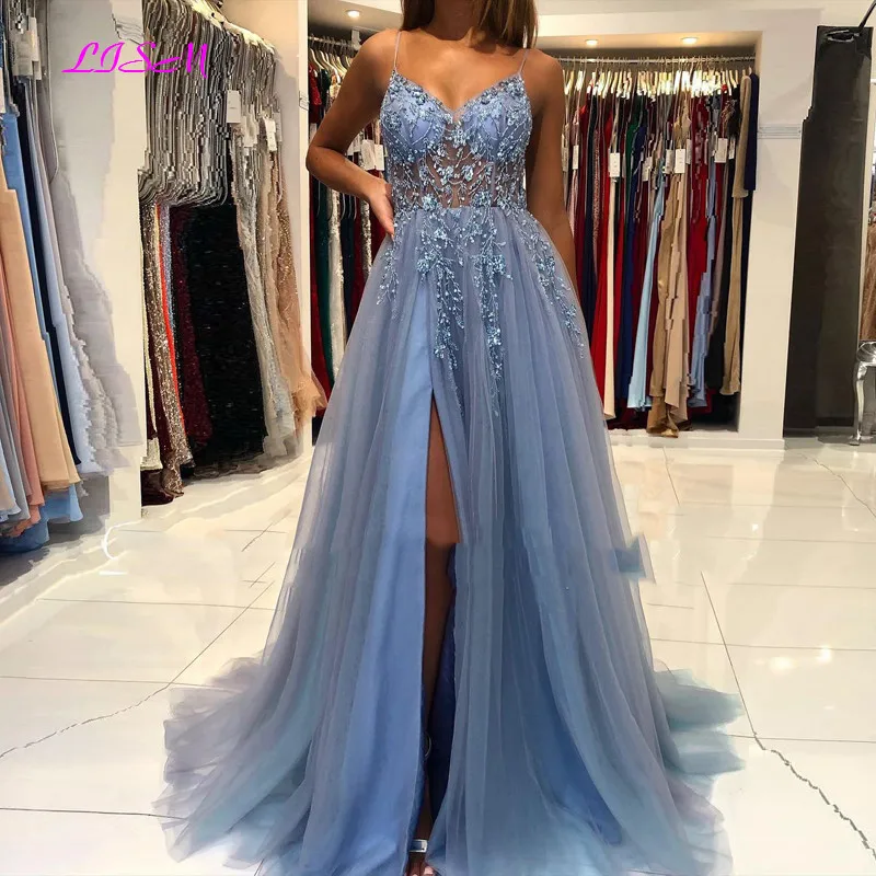 

Elegant Prom Dress Long V-Neck Spaghetti Straps Sleeveless Appliques Split Tulle A-line Women Formal Evening Party Gowns