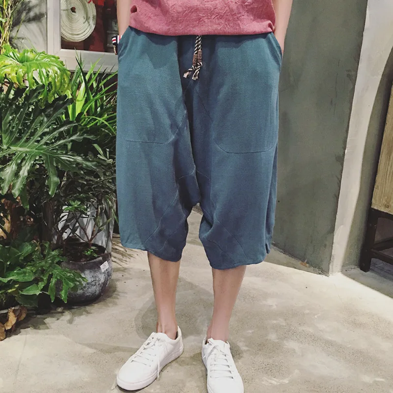 

Chinese wind young linen Harun pants down pants big yard wide-legged pendant pants men's tide seven-point pants