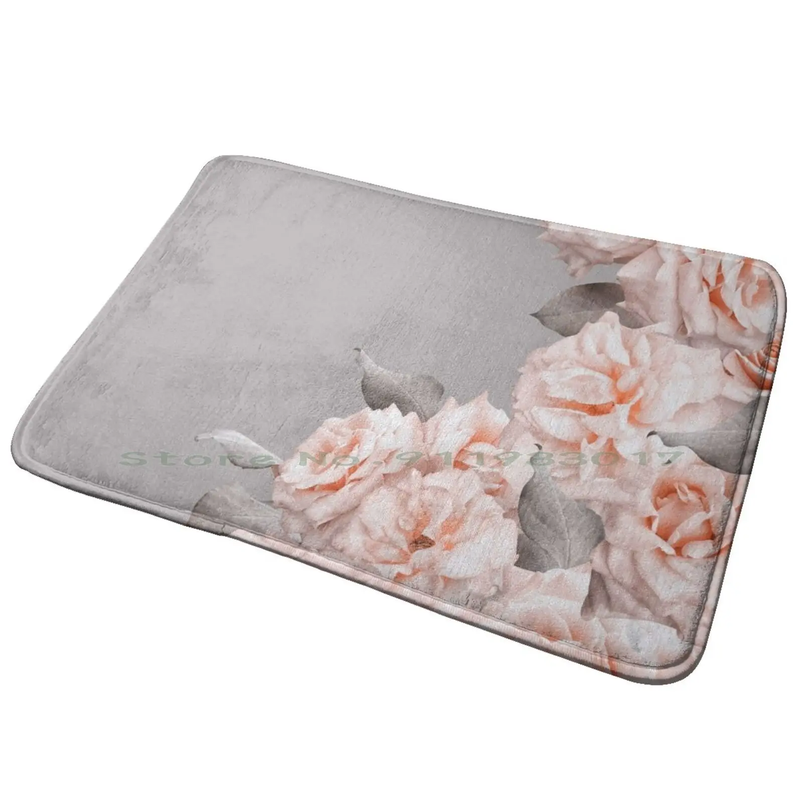 Shabby Chic Vintage Peach Roses Frame On Gray Entrance Door Mat Bath Mat Rug Persian Carpet Look Rose Tinted Field Rug Classic