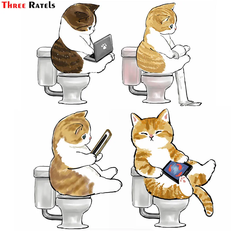 Three Ratels F244 Funny Cat Kitty On The Toilet Sticker For Refrigerator Laptop Luggage Children's Toy Sticker Car Phone Decor