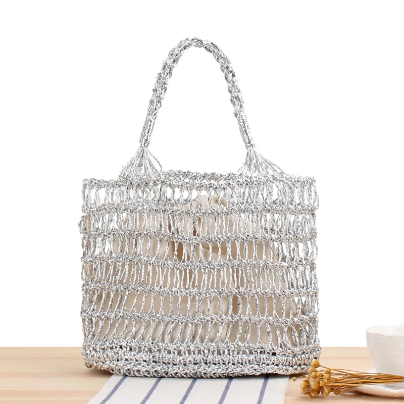 

MetallicYarn Hollow Out Hand Crocheting Woven Trendy Beach Portable Straw Weaved Bag